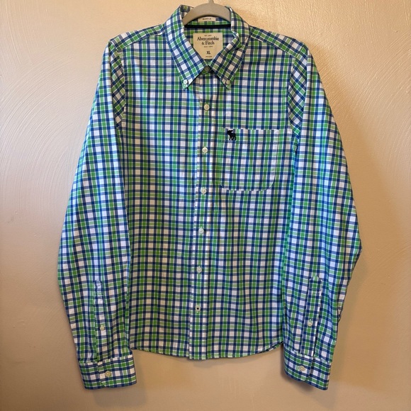 Abercrombie & Fitch Other - Abercrombie & Fitch Mens Muscle Fit‎ Plaid Button Down Shirt Size XL Blue Green